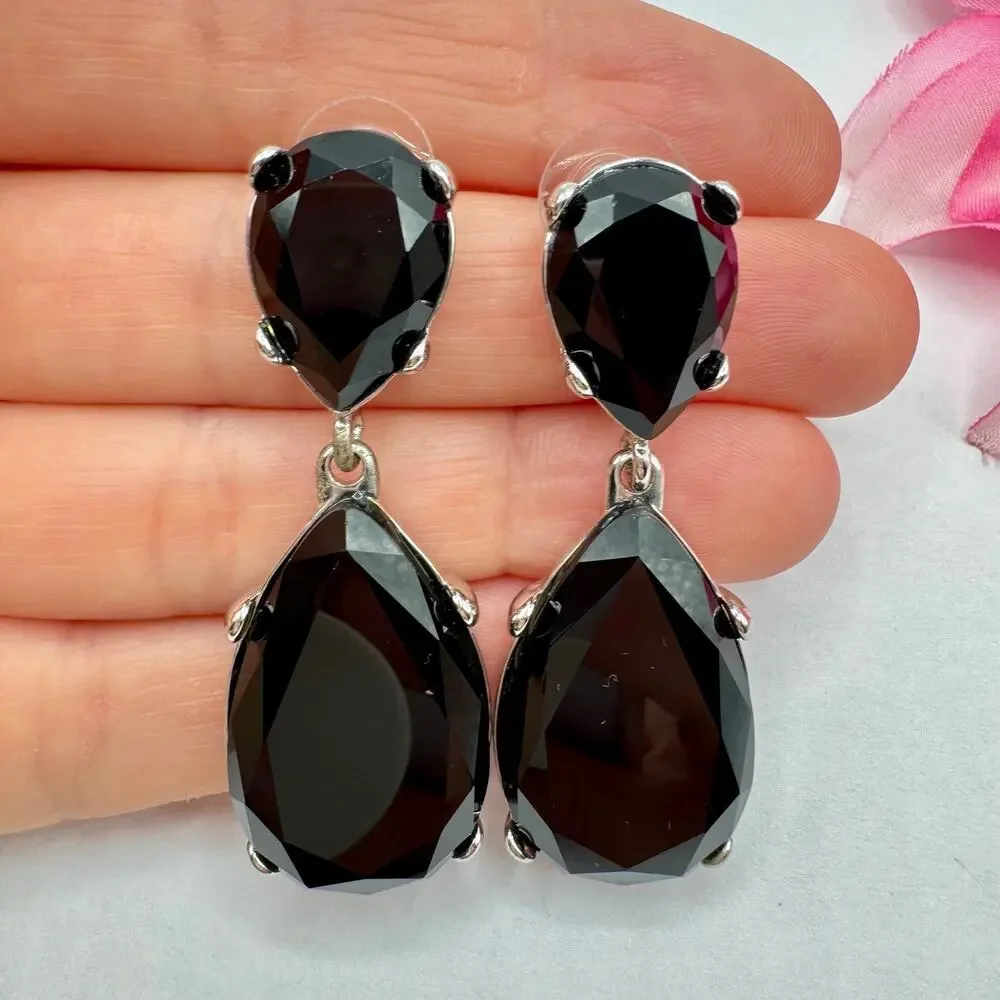 Kenneth Jay Lane Black Crystal Teardrop Earrings Silver Tone Signed Glam Gala - Picture 2 of 7